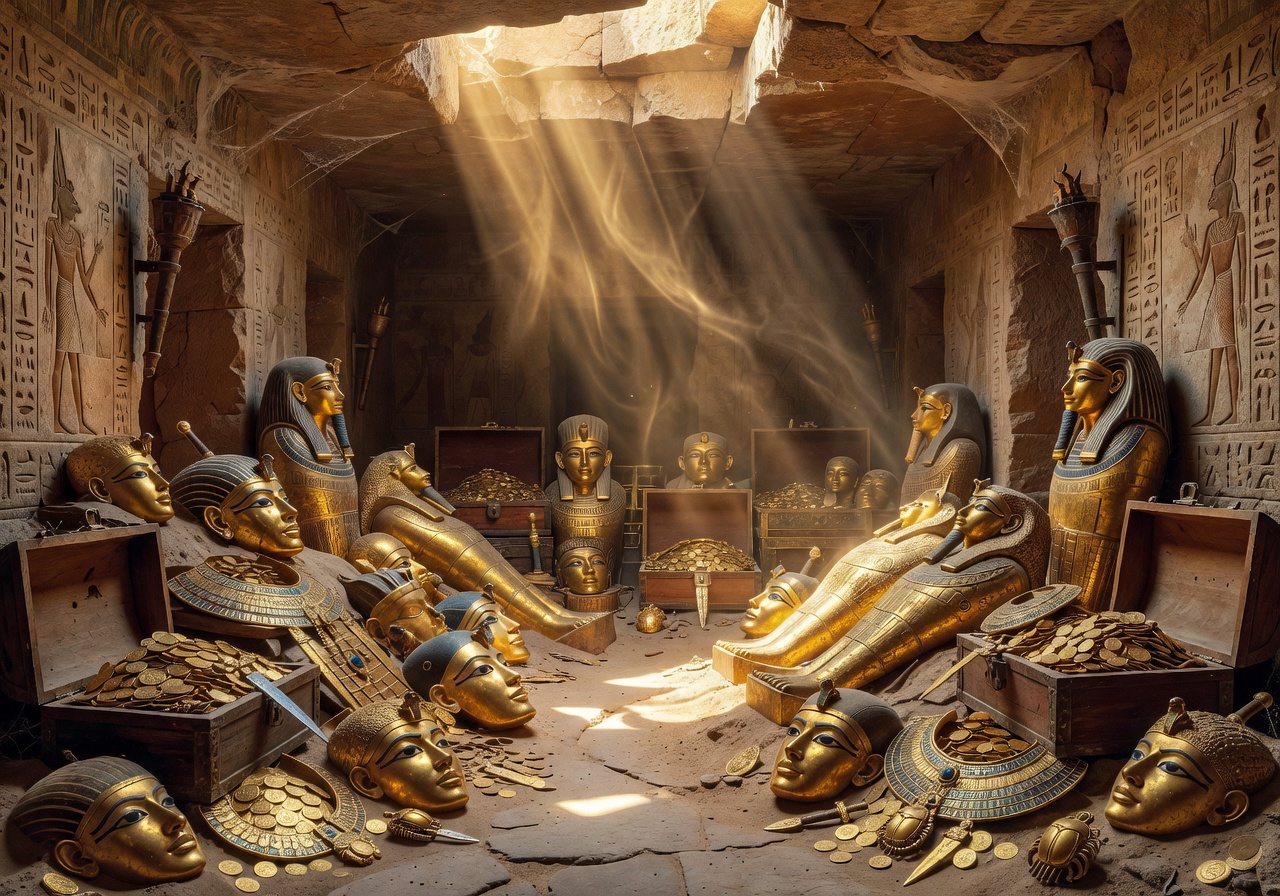 Ancient Egyptian golden treasure relics in temple vault