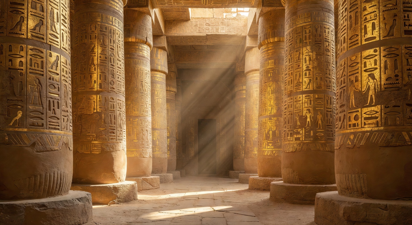 Ancient Egyptian temple interior with golden hieroglyph walls