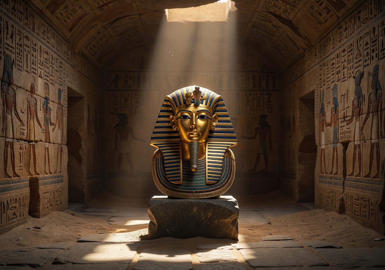 Ancient golden pharaoh mask in temple chamber