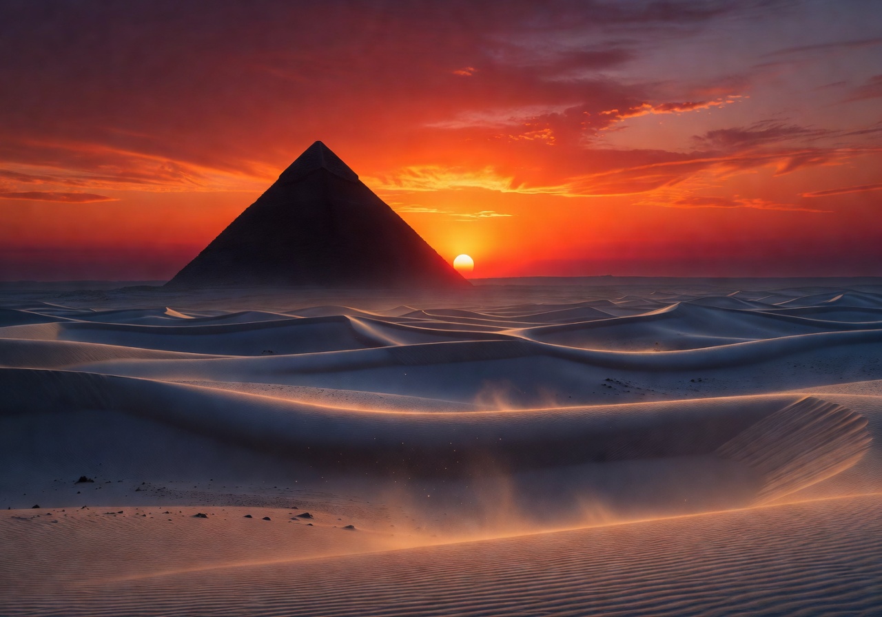 Egyptian pyramid silhouette at sunset desert landscape