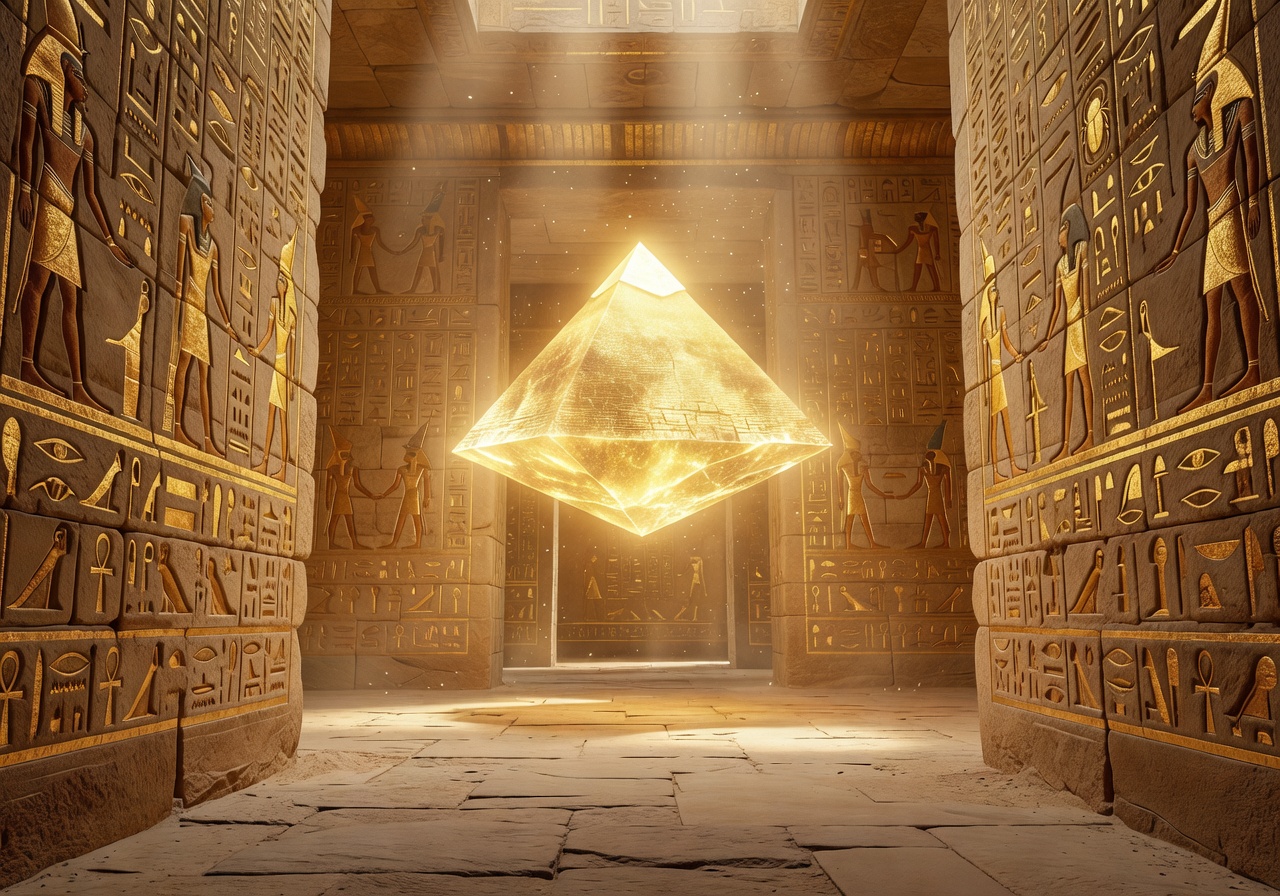 Glowing pyramid interior with golden hieroglyph walls