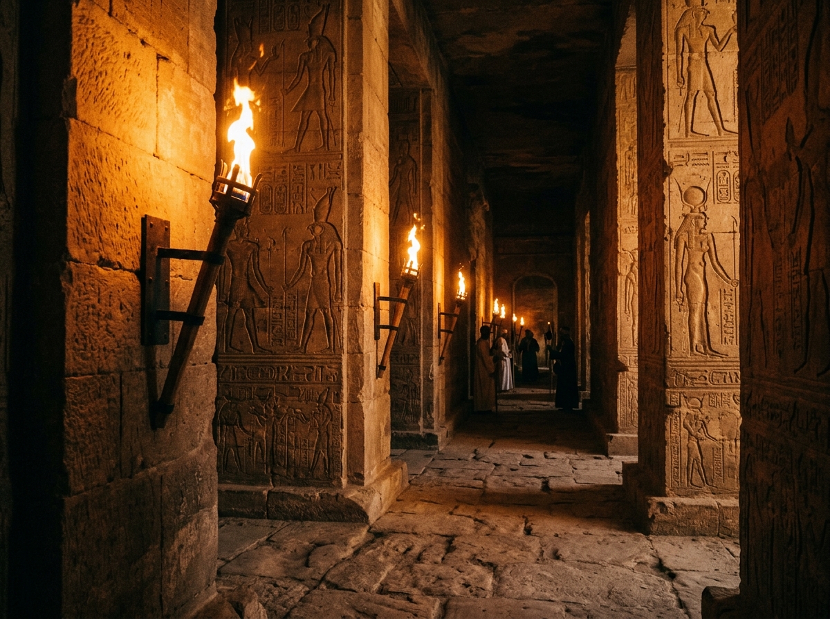 Glowing torch-lit Egyptian temple corridor