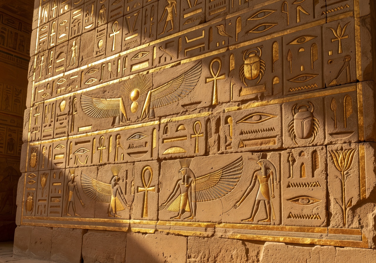 Golden Egyptian hieroglyphs carved on ancient temple wall