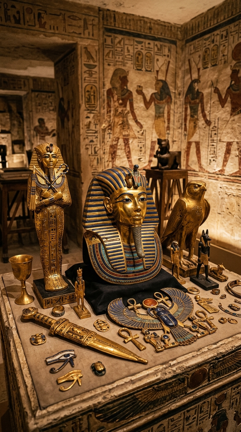 Golden pharaoh treasure relic and ancient artifacts